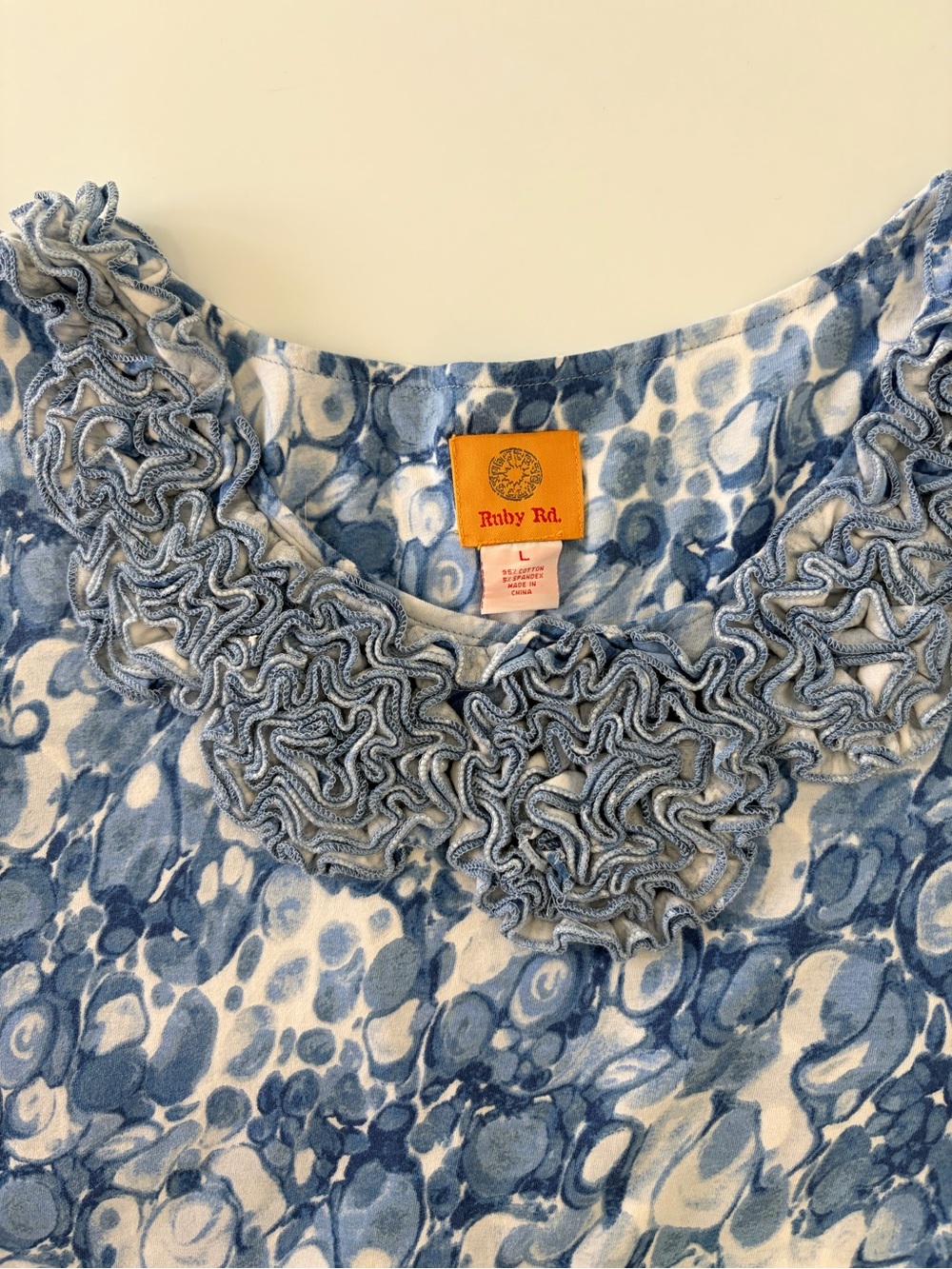 Ruby Rd. Blue & White Ruffle-Neck Short Sleeve Top - Picture 2 of 3